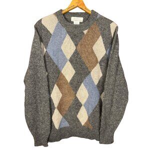 Vintage Argyle Wool Blend Sweater Medium Fellini Grey Academia Knit